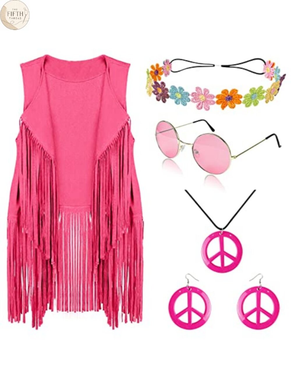 Faux Suede Fringe Vest Hippie Costume Set Peace Sign Necklace Earrings 60s 70s